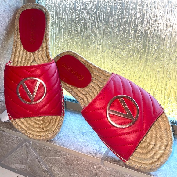 VALENTINO Red Clavel Quilted Leather Espadrille Slides - Picture 4 of 7